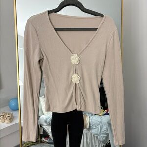 Women's Beige Ribbed Top with Floral Accents